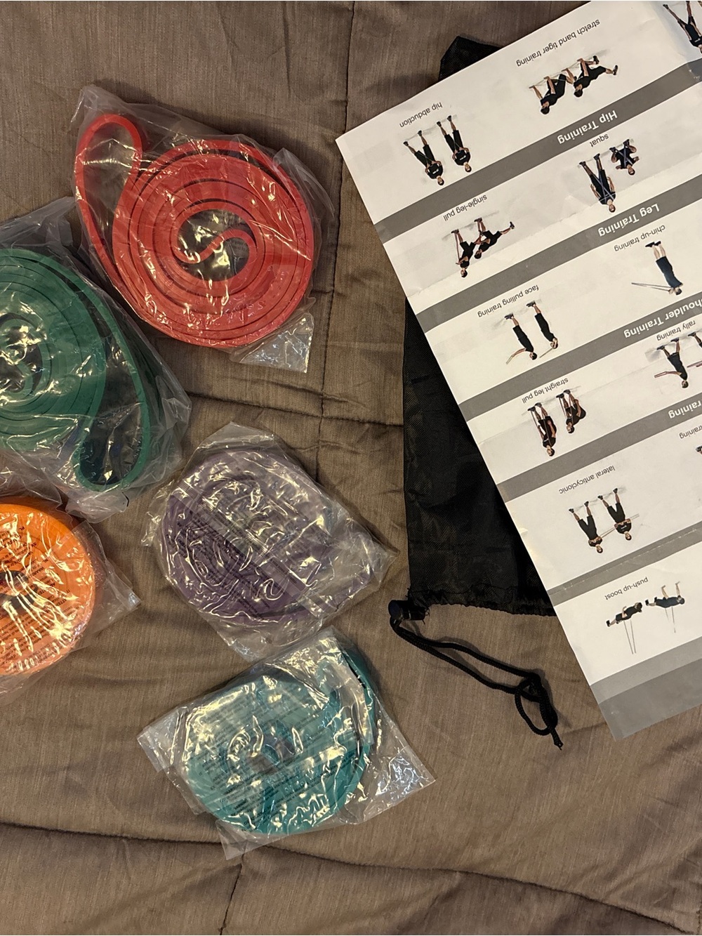 Resistance Band Set with Carry Bag and Guide - Red, Orange, Green, Purple, Blue